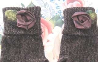 BROWN CHENILLE w BURGUNDY Satin ROSE Soft New Ladies GLOVES ~Size MED 