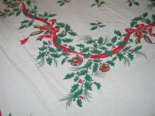 Vintage Christmas Linen Tablecloth & Napkins Holly Bows Ornaments 1950 