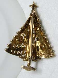 Vintage HOLLYCRAFT Christmas Holiday Tree Rhinestone Ornament Pin 