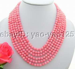 Charming 6Strds 6MM Round Pink Coral Necklace  