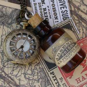 Alice in Wonderland pocket watch necklace pendant flask Steampunk gun 