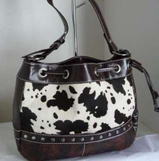   BROWN FLORAL TOOLED COW HAIR HIDE DRAWSTRING COWGIRL PURSE BAG  