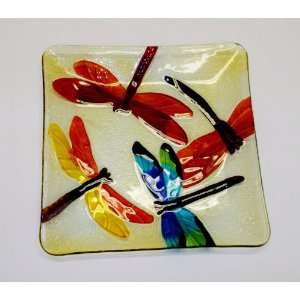   11 Inch Dragonfly Handmade Art Glass Square Plate