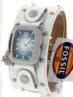 New Fossil Ladies White Leather Silver Stud Strap Blue Dial Watch w 