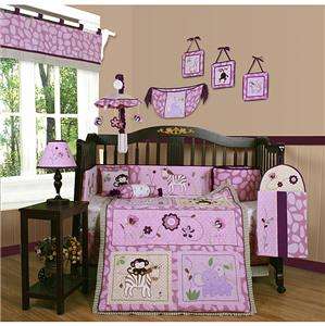 Baby Girls Nursery Pink Purple MONKEY ZEBRA ANIMALS 13p Crib Bedding 