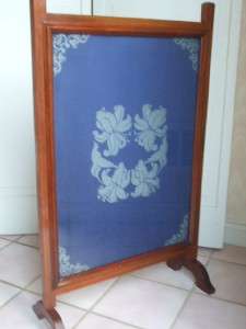 Antique Mahogany color Wooden Fireplace Screen w/ Glass & Lined Blue 