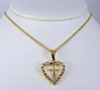 Gold 18k GF Necklace Pendant CZ Crystal Heart Cross  