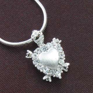 Heart Shape Turtle Necklace Clear Crystal Rhinestone Design Pendant 