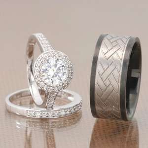   Titanium Silver 925 CZ Engagement Wedding 3 Pcs Ring Set His & Hers