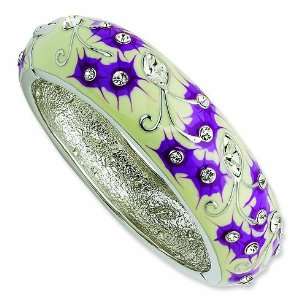 8in Crystal White & Purple Enameled Floral Bangle/Rhodium Plated Mixed 
