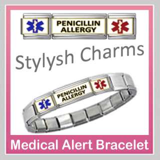  ALLERGY MEDICAL ALERT ID Italian Charm Bracelet 9mm Links x18 SML255