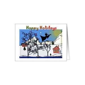   General ~ Holiday Night Scene / Angel / Houses / Red Berry Trees Card