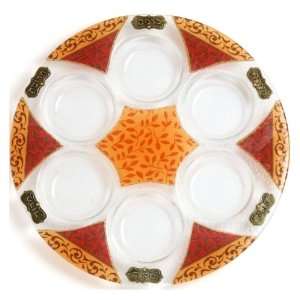  Glass Seder Plate with Orange and Brown Leaves and Metal 