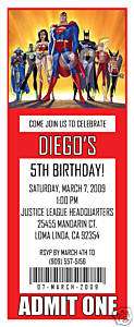 Set of10 Justice League Personalized Ticket Invitations  