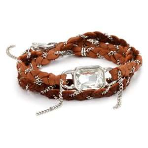  Ettika Leather Silver Crystal Baguette Rust Leather and 