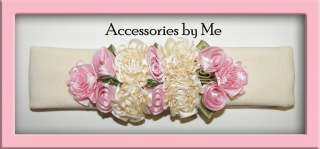 Pageant~Pink & Ivory Sage Roses~Floral Baby Knit Headband~4m   3 years 
