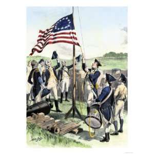  American Soldiers Hoisting the New 13 Star U.S. Flag 