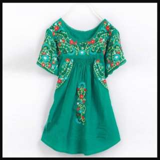 Vtg 70s Green Scallop Embroidered MEXICAN dress BOHO MINI TOP  