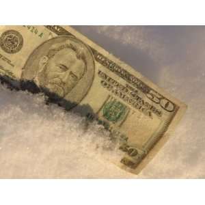  Fifty Dollar Bill Settled in Fluffy White Snow Stretched 