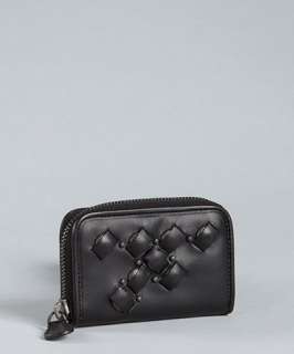Bottega Veneta black leather studded woven card case
