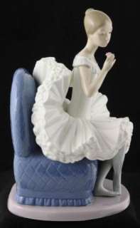 NAO Lladro Ballerina Figurine Holding Pink Rose Seated on Blue Chair 9 