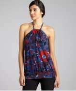 Three Dots blue and red painted floral jersey halter top style 