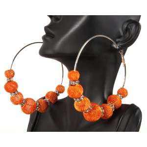 Orange 3 Inch Hoop Earrings with 7 Mesh Disco Balls and Rondell Iced 