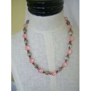  Vintage Beaded Pink Silver Crystal Necklace 1266 