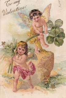 Valentines Day German Angels clovers 1900s postcard  