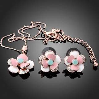 ARINNA flower lovely necklace earrings Set pink rose Gold GP Swarovski 