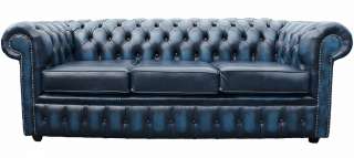 Chesterfield Traditional 3 Seater Sofa Settee Antique Blue Leather 