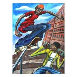    Two Men with Skateboard Giclee Poster Print