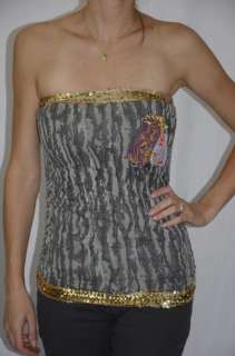   Sequin Trim Ruched Side Strapless Tube Top Camo w/Applique S  