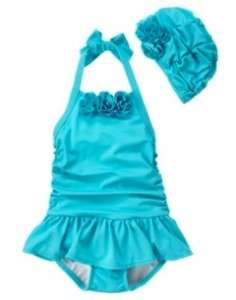   Tropical Bloom Turquoise Blue Swim Bathing Suit Swim Cap 3 3T  