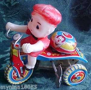 Vintage Tin Litho Wind Up Tricycle w/Celluloid Toddler  
