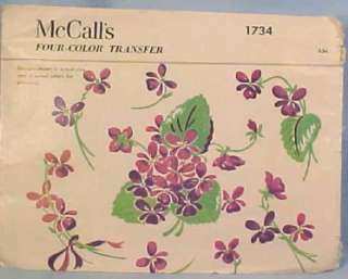   1950s SPRING VIOLET FLOWERS EMBROIDERY IRON ON TRANSFER PATTERN Unused