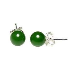   Silver 6mm Natural Nephrite Green Jade Ball Stud Post Earrings