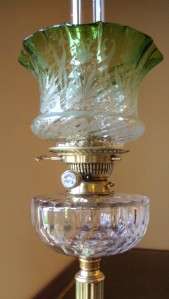   ANTIQUE VICTORIAN HINKS EMERALD GREEN GLASS COLUMN OIL LAMP  