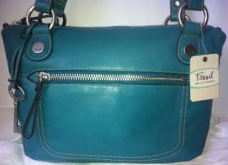 NEW FOSSIL TURQUOISE BLUE GREEN LEATHER PURSE HANOVER HANDBAG TOTE 