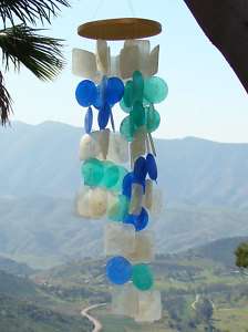 25 OCEAN BLUE WIND CHIME MADE W/ CAPIZ SHELLS FROM EXOTIC INDONESIA 